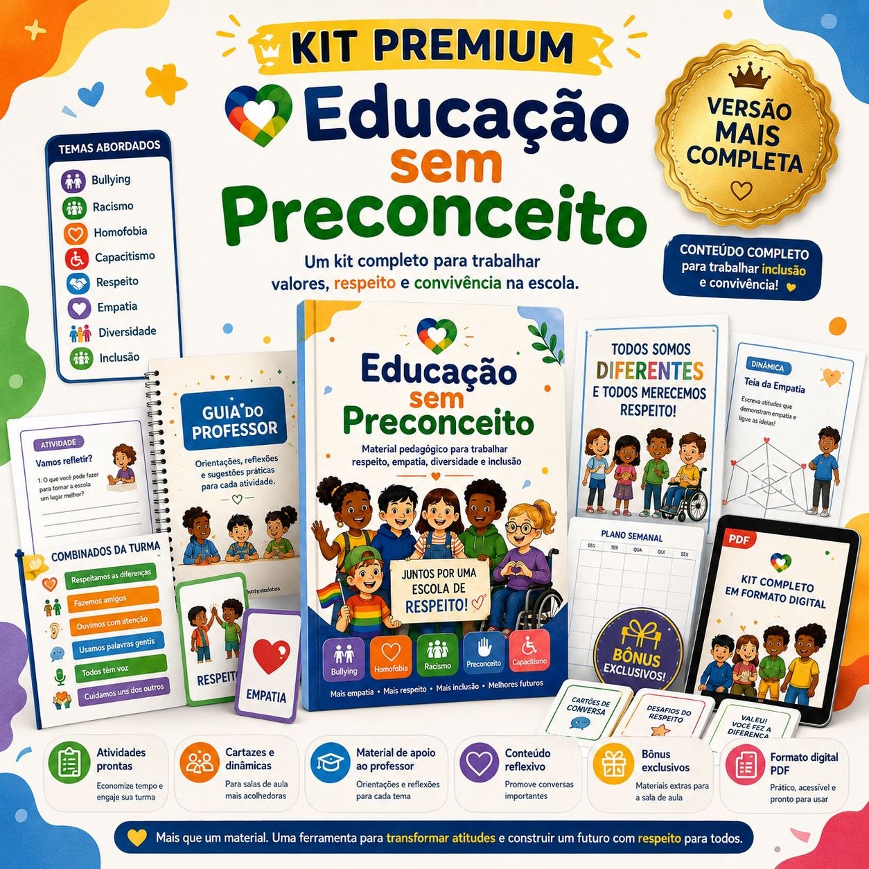 Kit Premium Educação sem Preconceito — material completo com guia do professor, cartazes e bônus